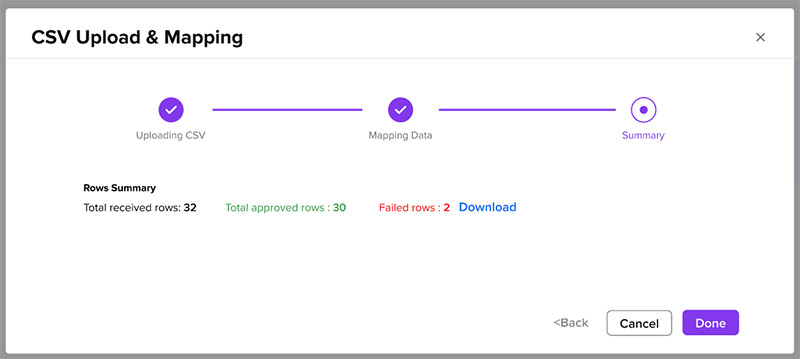 CSV upload and mapping screenshot