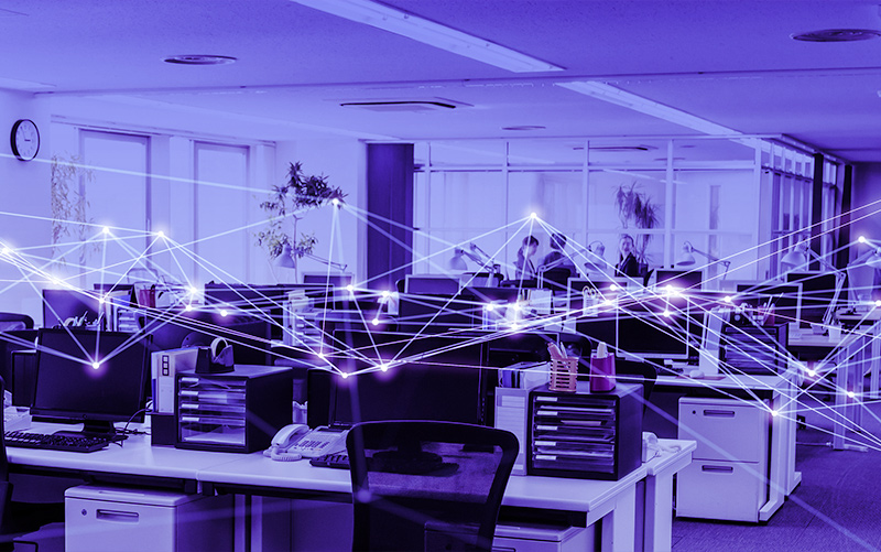 enterprise business office with network concept overlay
