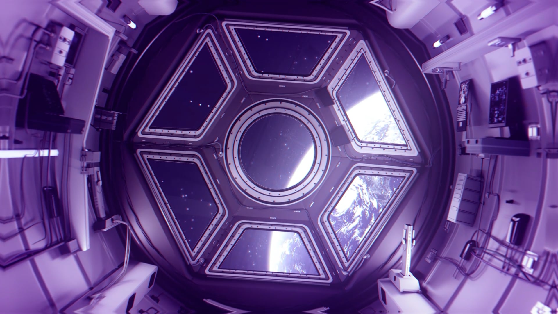 earth through window of space shuttle corridor