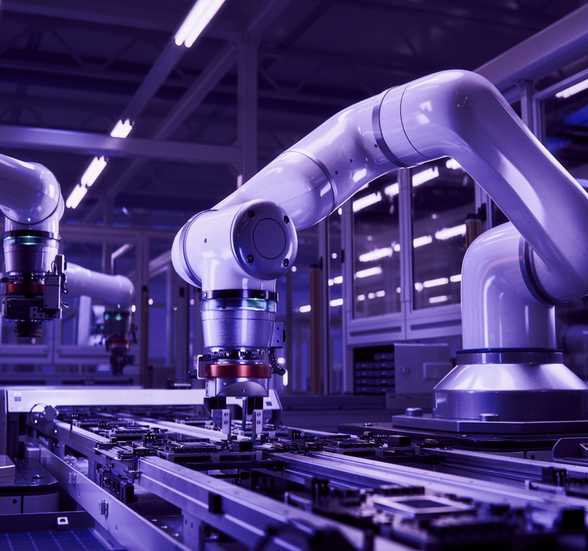 close-up of high precision robot arms on automated assembly line
